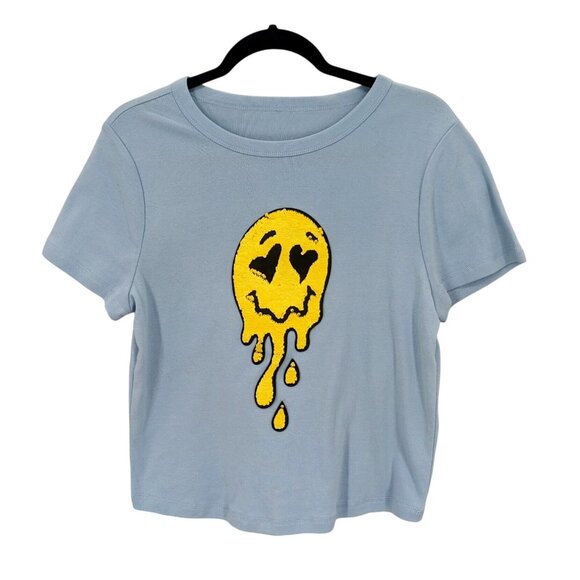 Forever 21 Baby Tee Women Size L Dripping Smiley Face Sequin Crop Streetwear Y2K - Picture 1 of 7